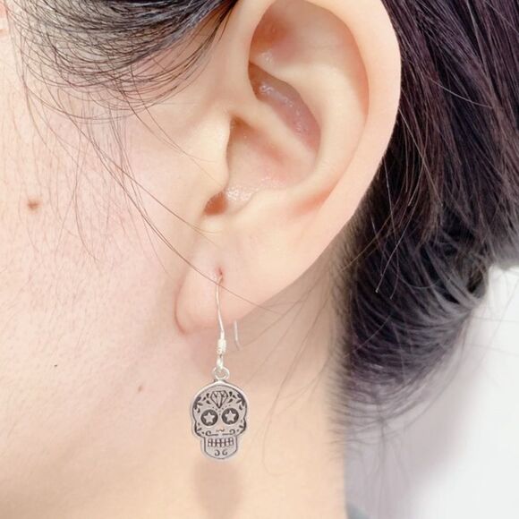 925 Sterling Silver Halloween Sugar Skull Earrings Day of the Dead Dangle NEW - Picture 3 of 9